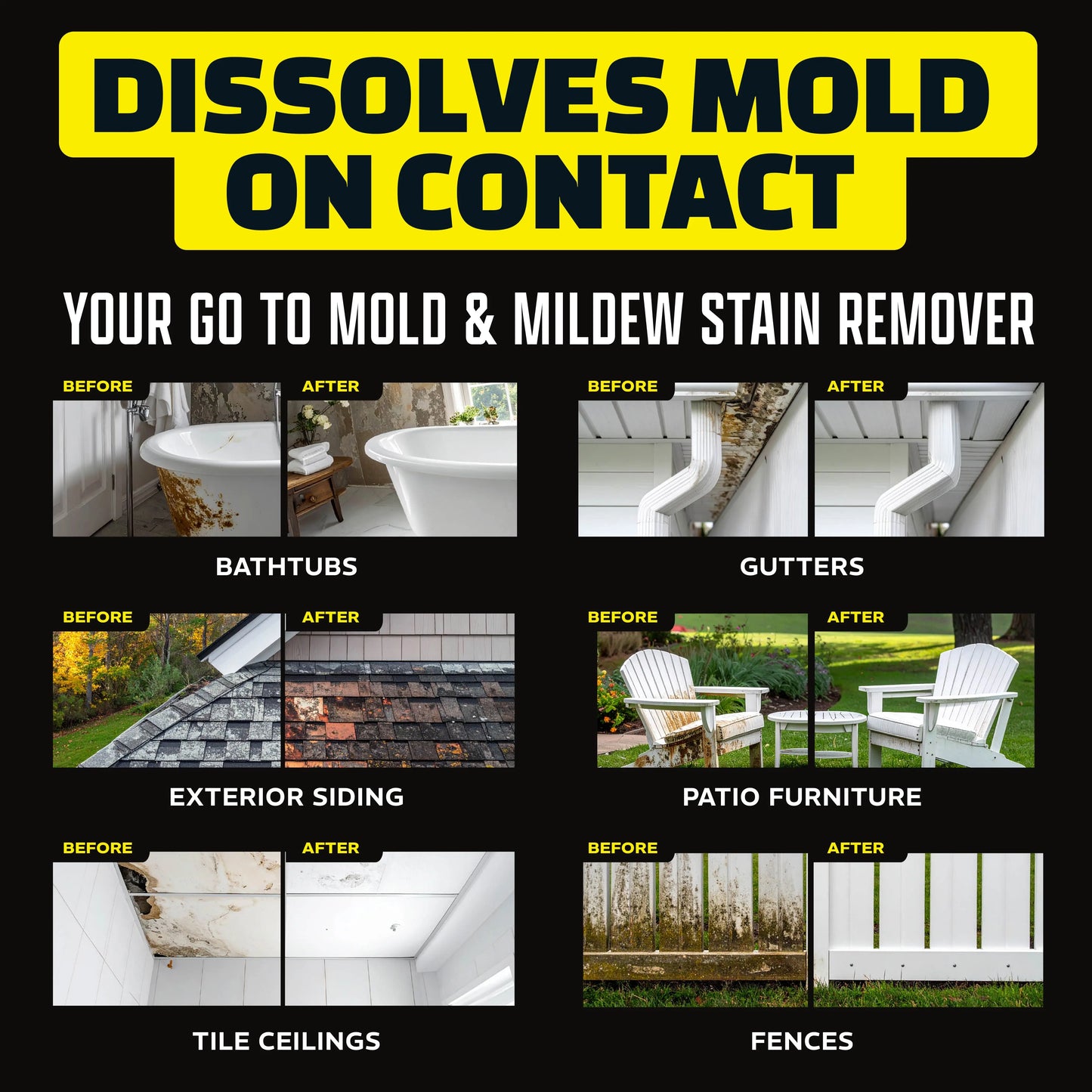 Heavy-Duty Industrial Stain Dissolver Spray, Instantly Remove Mold, Mildew & Tough Grime, Works Indoor & Outdoor for Brick, Driveway, Siding, Bathtubs, Fences, Ceilings, Sidewalks